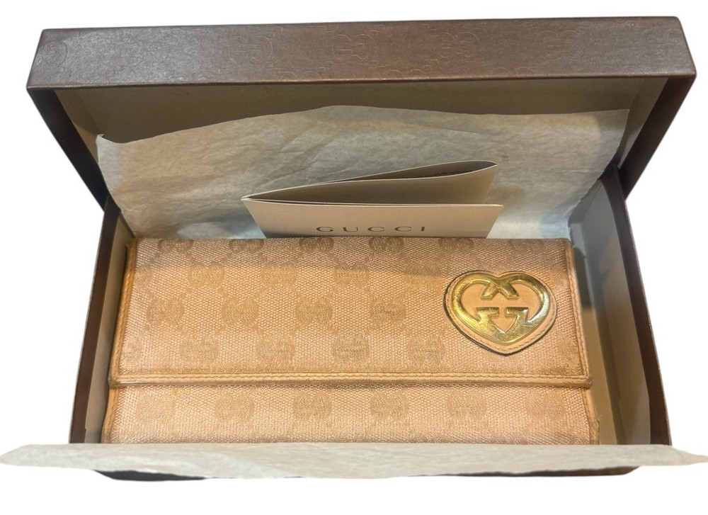 Authentic Gucci Lovely Heart GG Monogram Canvas Leather Long Wallet With Box