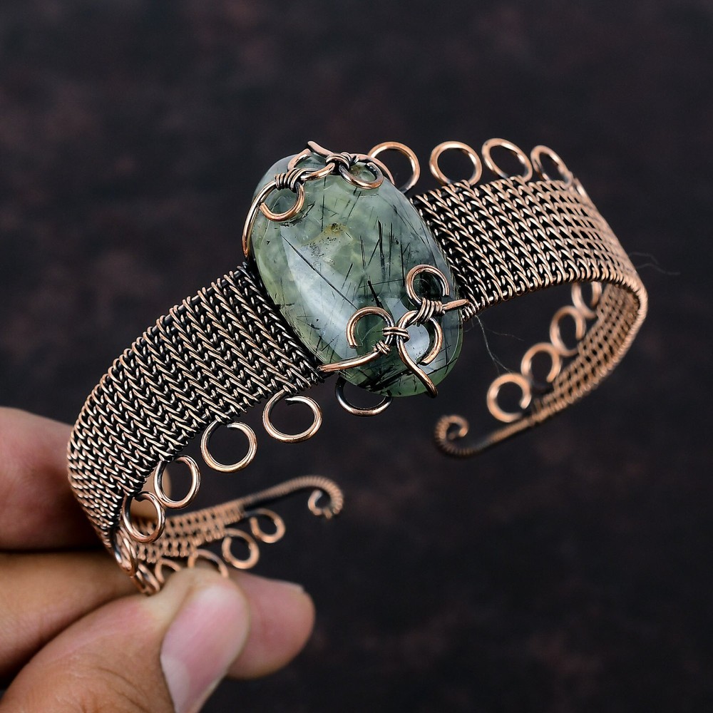 Christmas Sale Copper Moss Prehnite Gemstone Sister New Wire Wrapped Ethnic Cuff-image