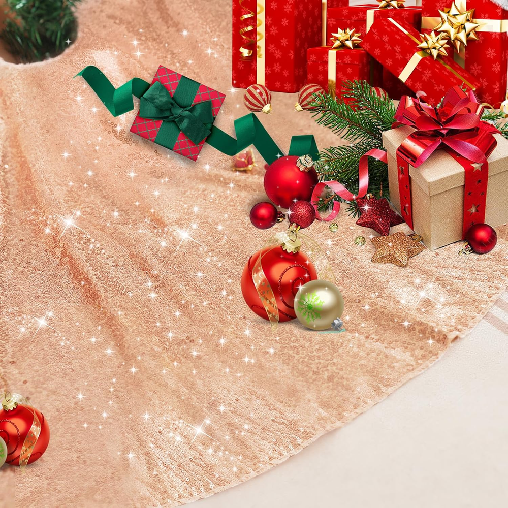 Rose Gold Sequin Christmas Tree Skirt 48 Inch for Indoor or Outdoor Use