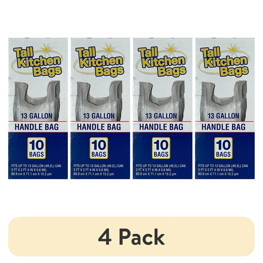 (4 pack) Basic Kitchen Trash Bags, 13 Gallon, Handle, 10 Bags