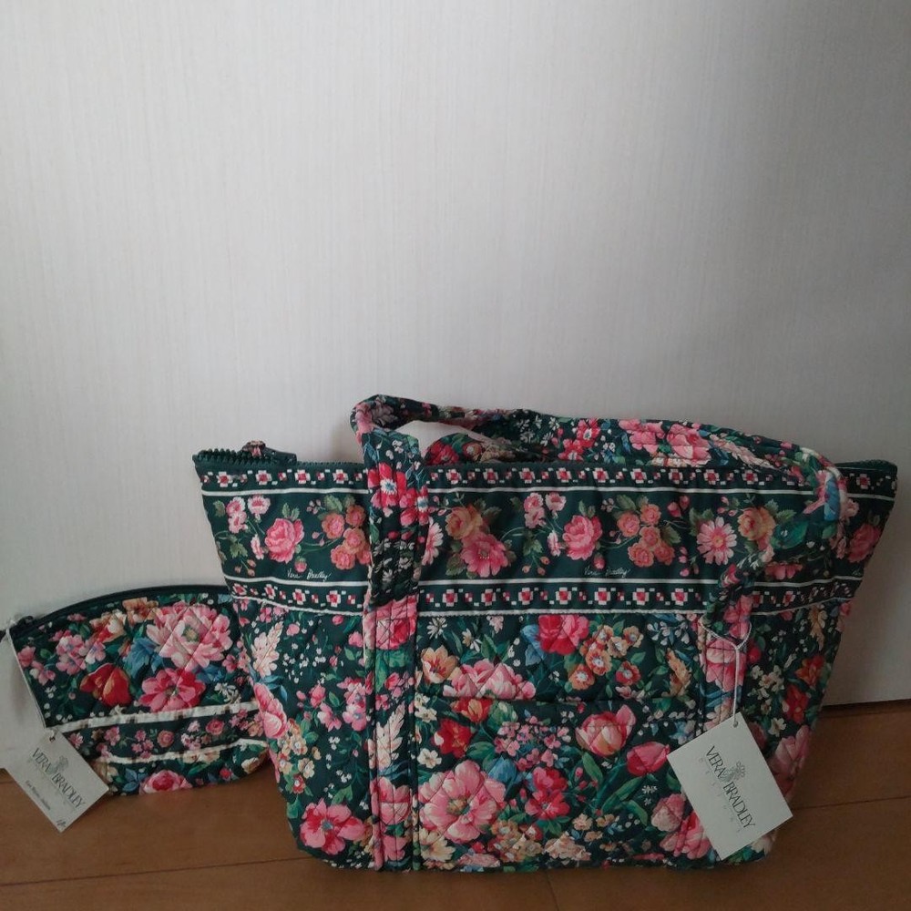 Vera Bradley Green Floral Quilted Tote Bag with Pouch Unused Authentic Vintage