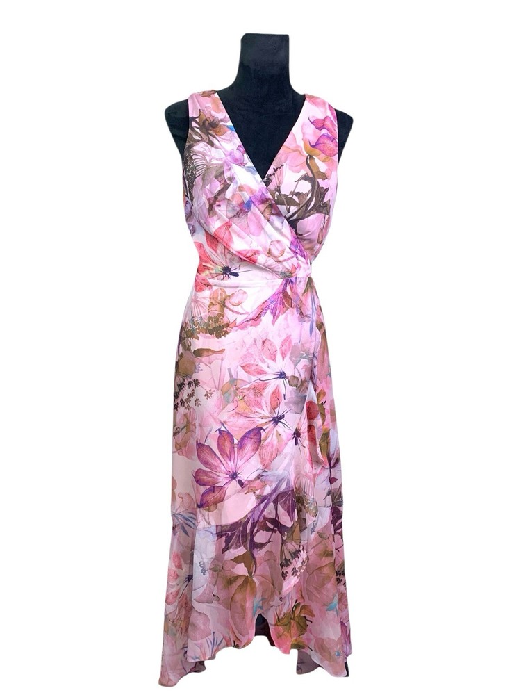 White House Black Market Size 4 Gorgeous Pink Floral Ruffled MIDI Wrap Dress