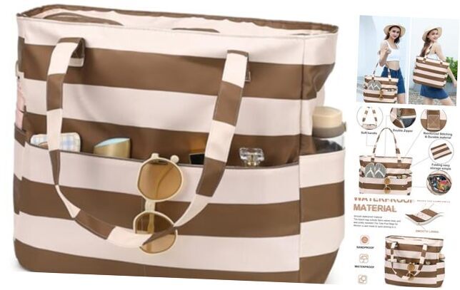 Beach Pool Bags Tote for Women Ladies Large Gym Tote Carry Brown White Stripes