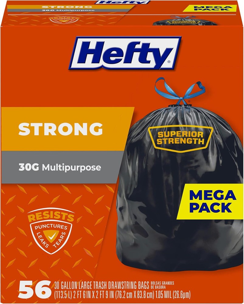 Hefty Strong Large Trash Bags, 30 Gallon, 56 Count 56 (Pack of 1), Black