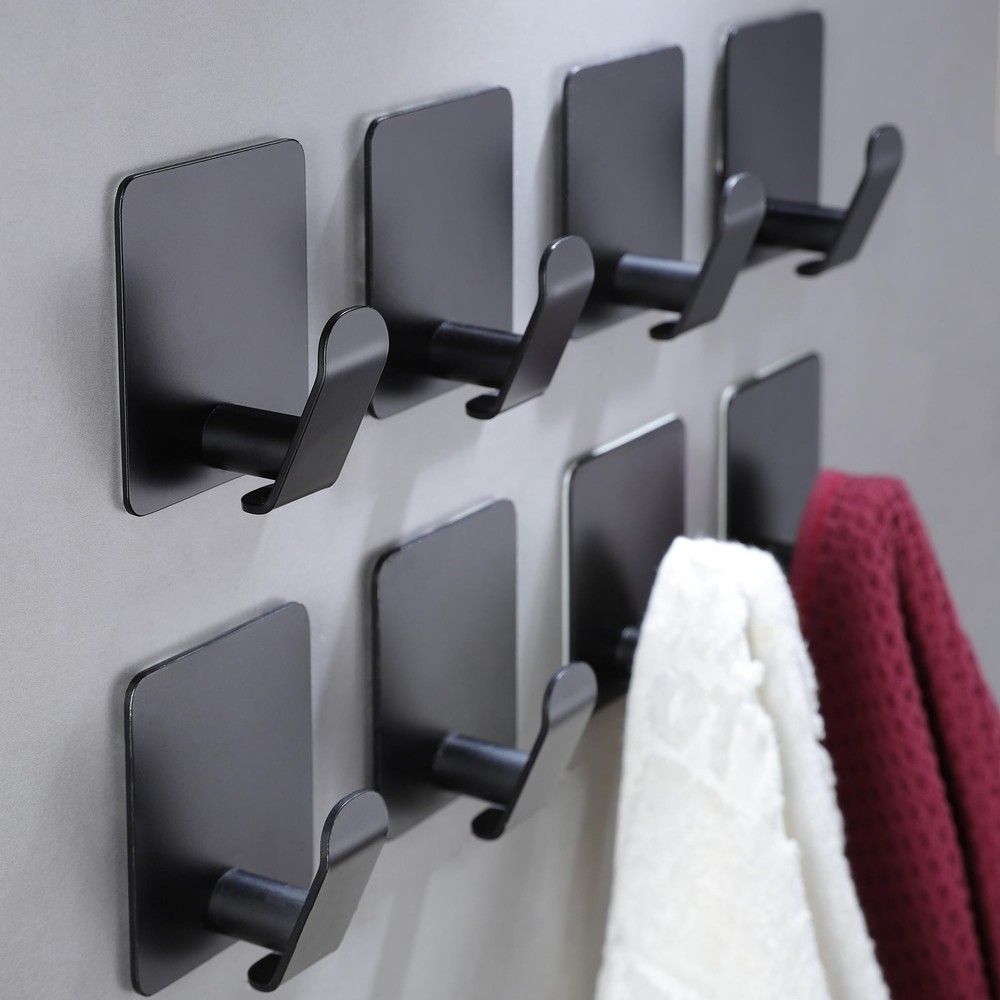 8-Pack Black Adhesive Hooks for Coats, Towels & More - Stainless Steel Wall Hangers