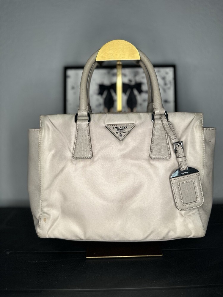 Prada grey beige leather and nylon tote bag with luggage tag and D rings