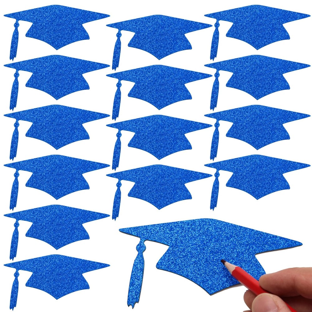 50 PCS 4.33 inch Blue Glitter Grad Cap Confetti Class of 2025 Decoration