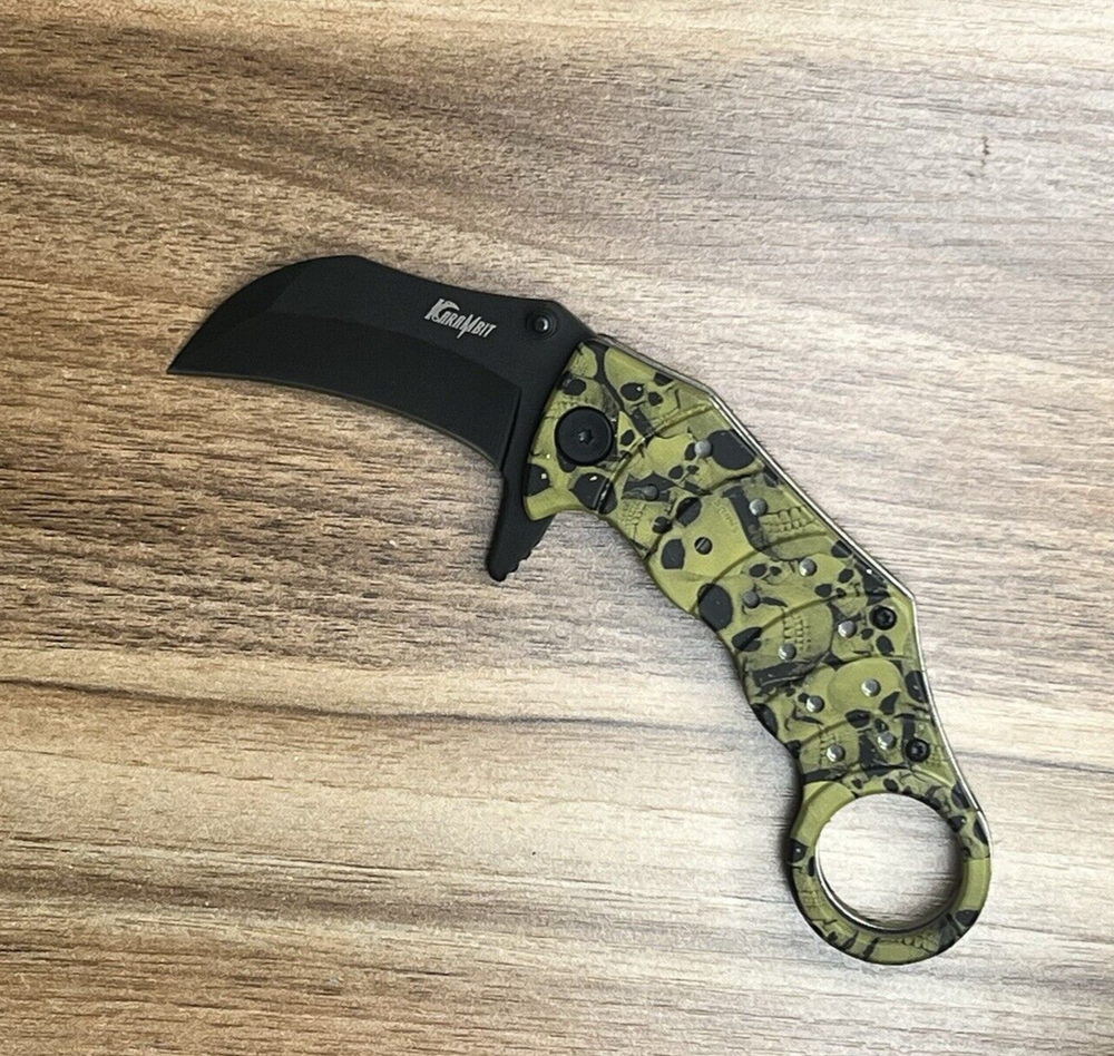 Karambit Spring Assisted Open Pocket Knife Skull Hawkbill EDC Tactical Camping
