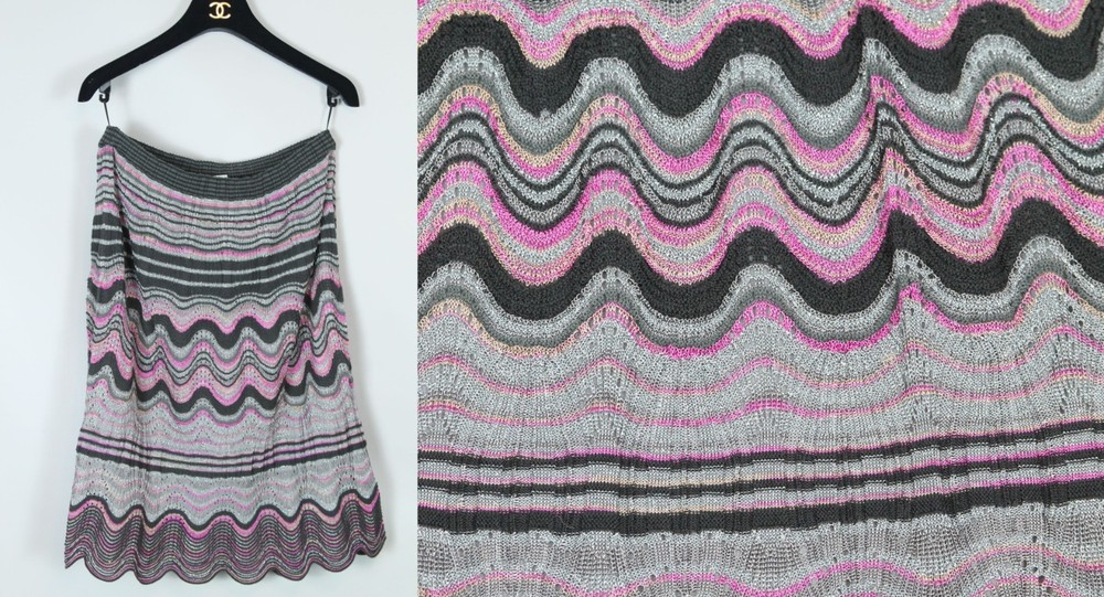 MISSONI Italy Multi-Color Silver Metallic Knit Zig-Zag Knee Length Skirt 42/6