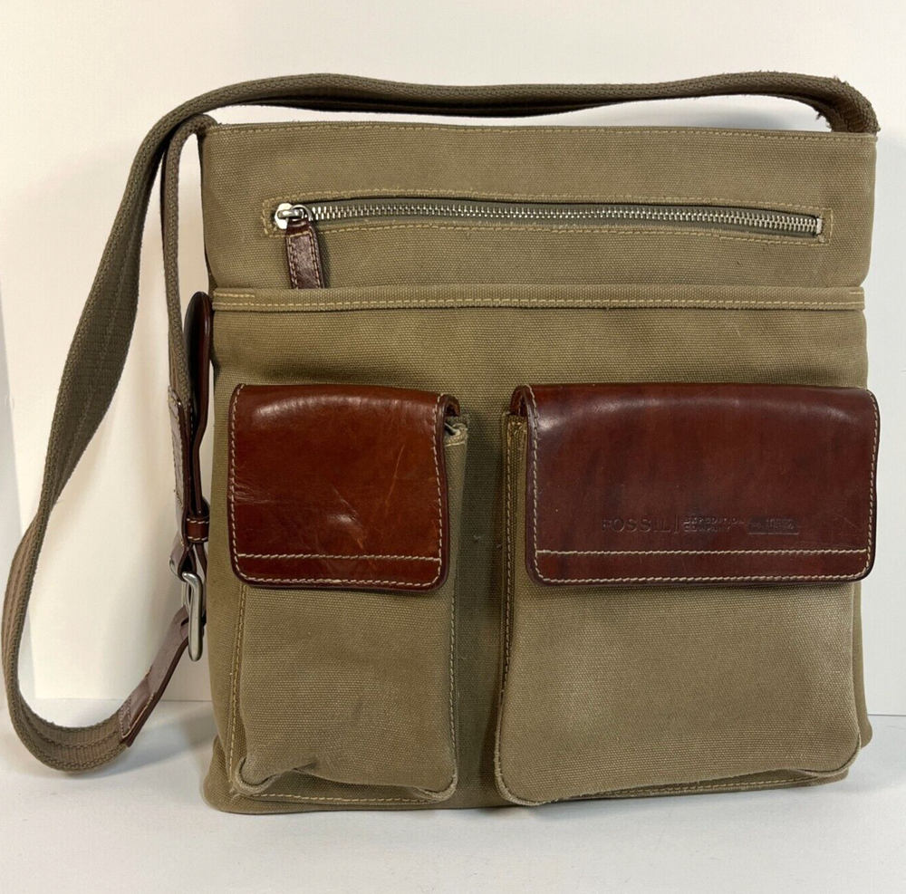 Fossil Expedition Messenger Travel Bag Crossbody Canvas Leather No 10552 Safari