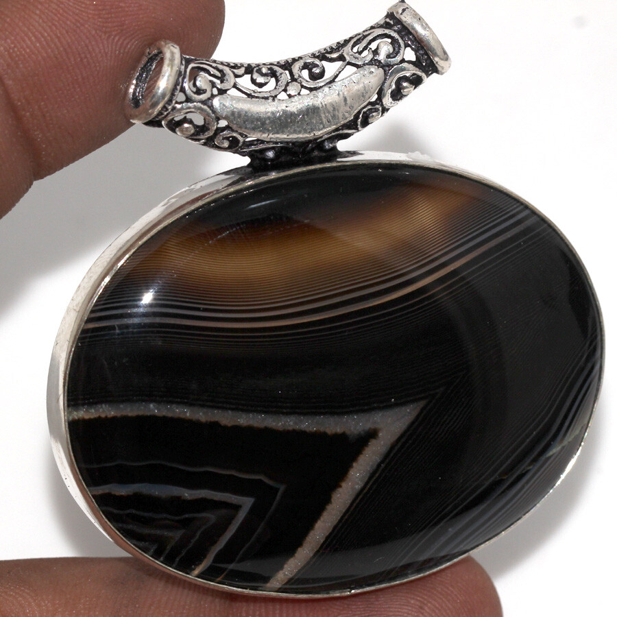 925 Silver Plated Banded Black Onyx Ethnic Chunky Pendant Jewelry Size 2