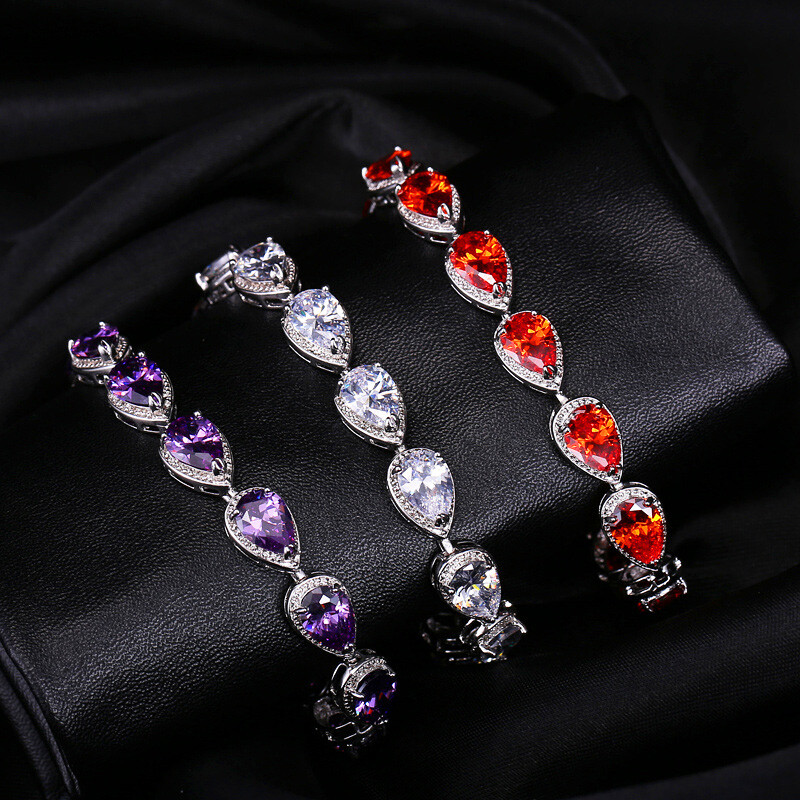 Purple Cubic Zirconia Big Stone Water Drop Chain Link Bracelet Bangle for Ladies