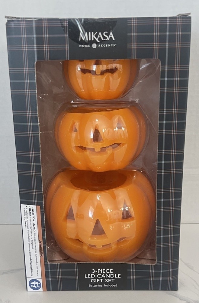 Mikasa Orange Pumpkin LED Candles Set of 3 Flameless Smoke Free 3 Sizes