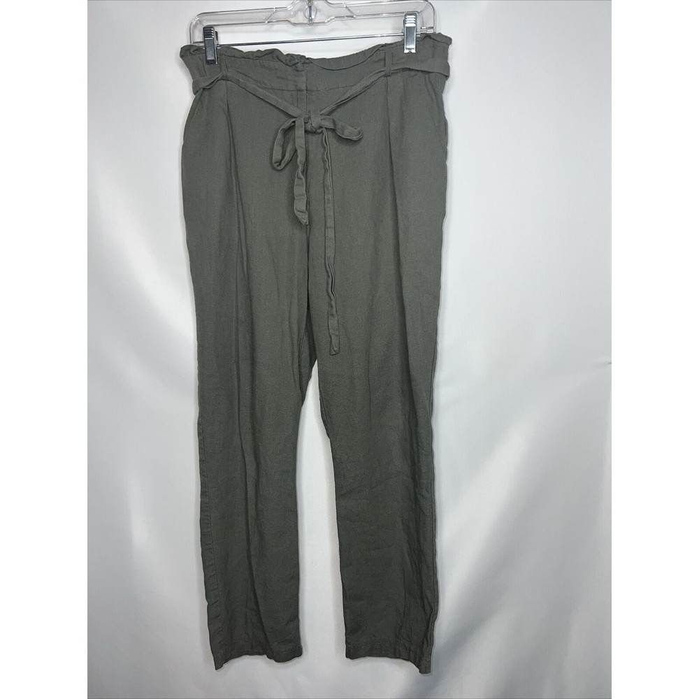 Have Linen blend Pants size Large elastic waist, built in Tie Belt Green/Gray
