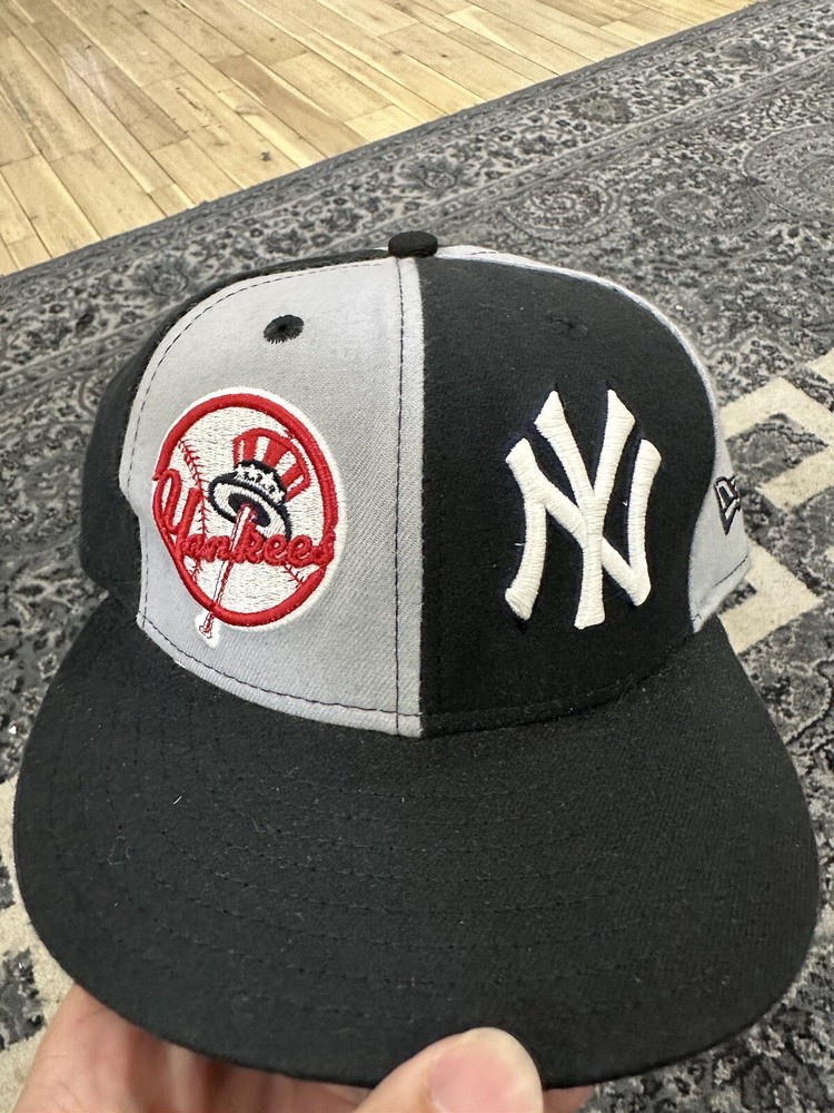 size 7 1/4 black and gray double logo yankees fitted hat