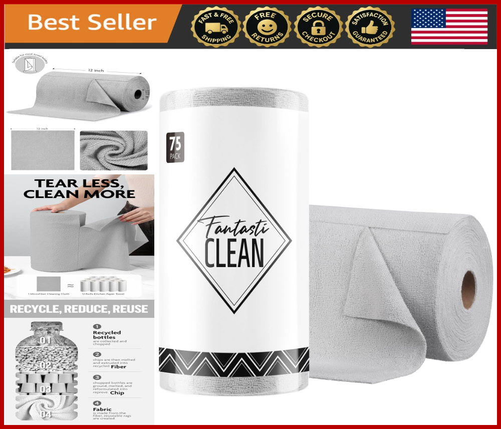 75-Pack 12x12 Microfiber Cleaning Cloths, Ultra Absorbent Reusable Towel Roll