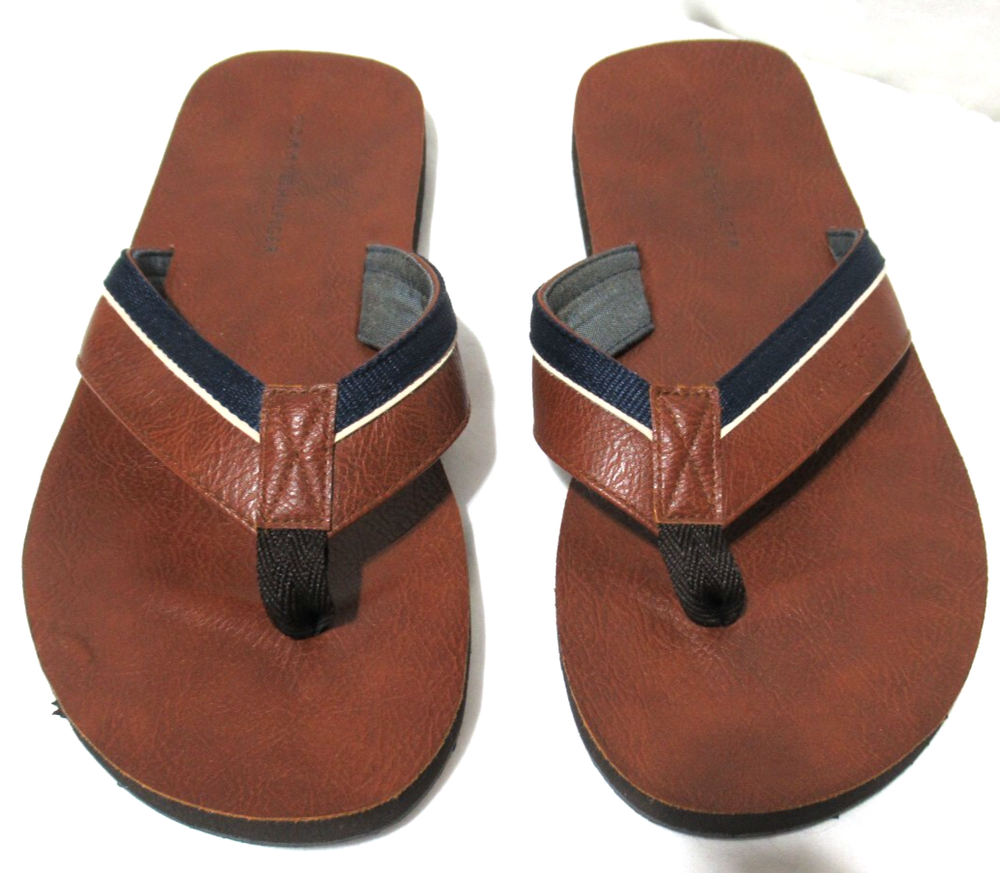 Tommy Hilfiger Mens Size 11 Brown & Blue Faux Leather Flip Flops Sandals