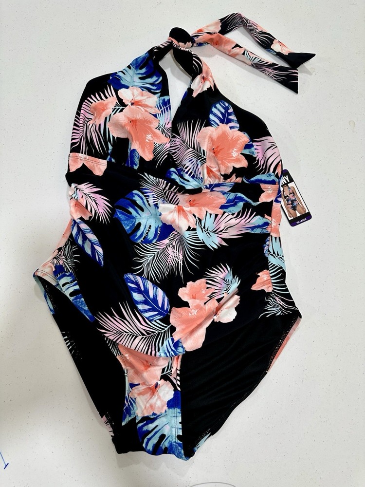 DKNY black floral halter one-piece swimsuit Size XXL NWT