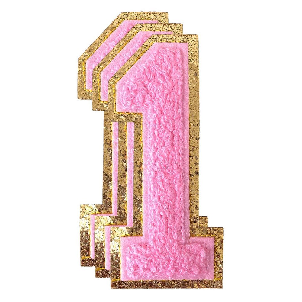3-Pack 4.5 Inch Pink Chenille Number 1 Iron-On Varsity Patch