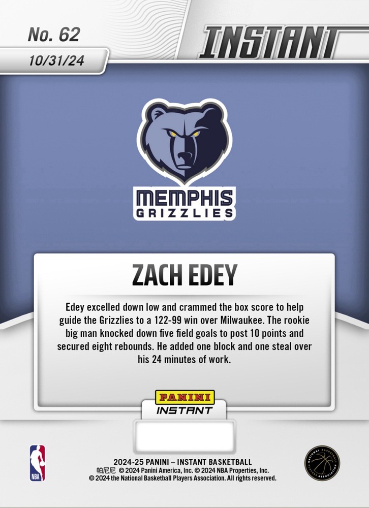 2024 Panini Instant Zach Edey Graded Gem-MT 10 Rookie #62 with COA-image