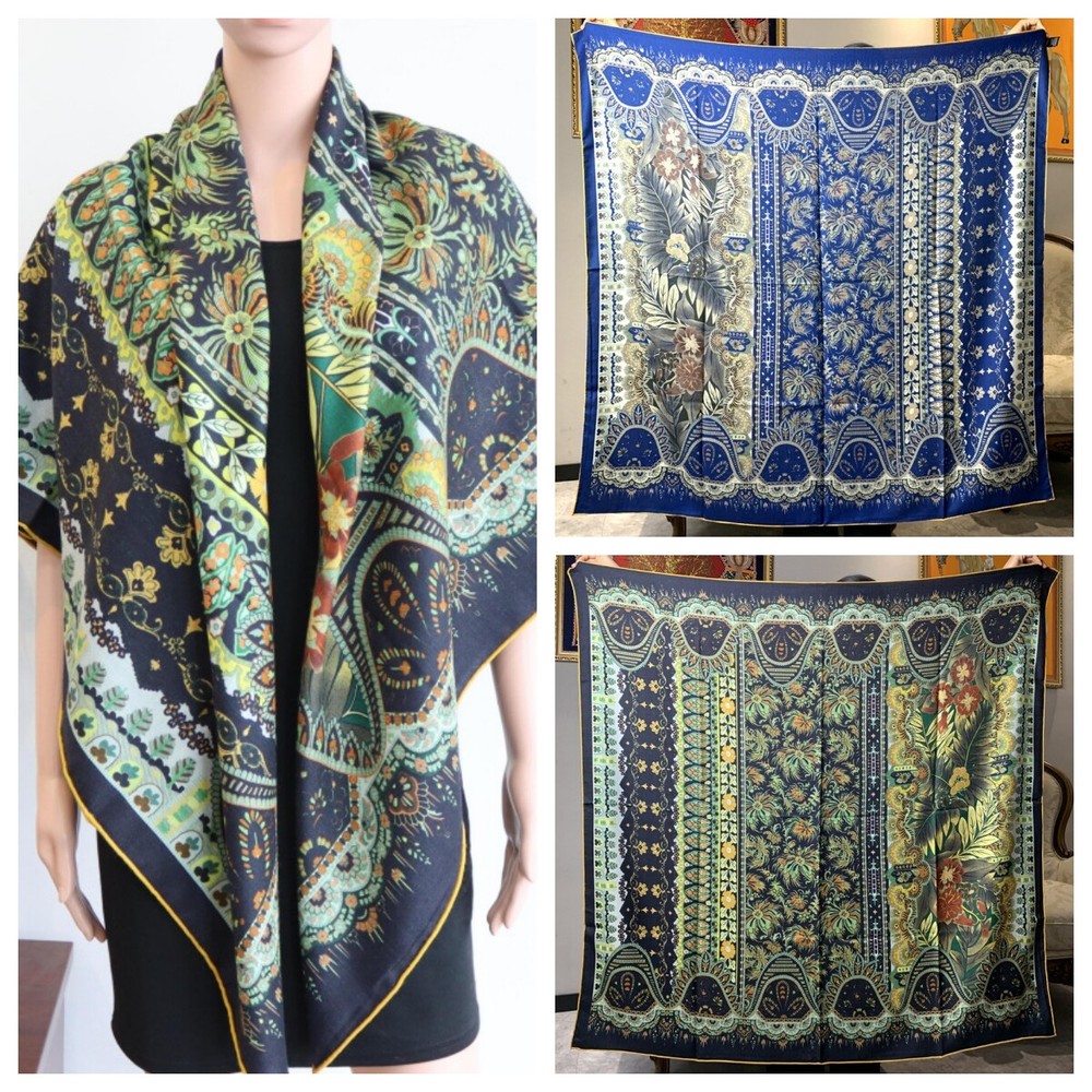 Luxury 70% Cashmere 30% Silk Double-Faced Square Shawl with Floral Print 53x53