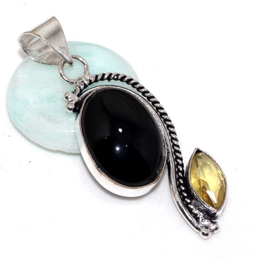 925 Silver Plated Black Onyx Citrine Jewellery Pendant Handmade Size US 2 JW