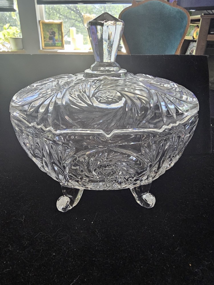 Vintage Lead Crystal Footed Candy Dish with Blazing Star Pattern