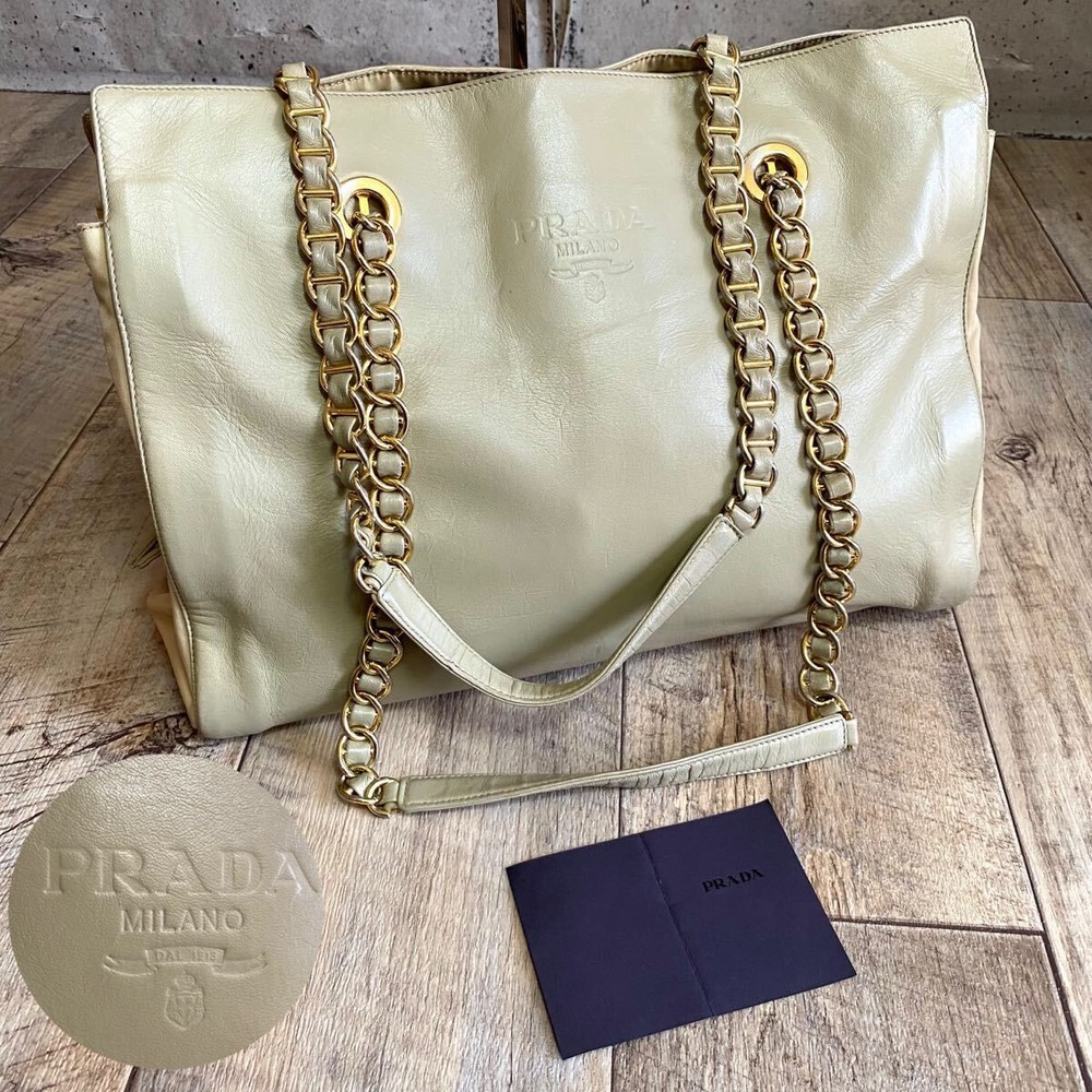 Authentic PRADA Logo Chain Tote Bag in Rare Khaki Beige - Shoulder Handbag