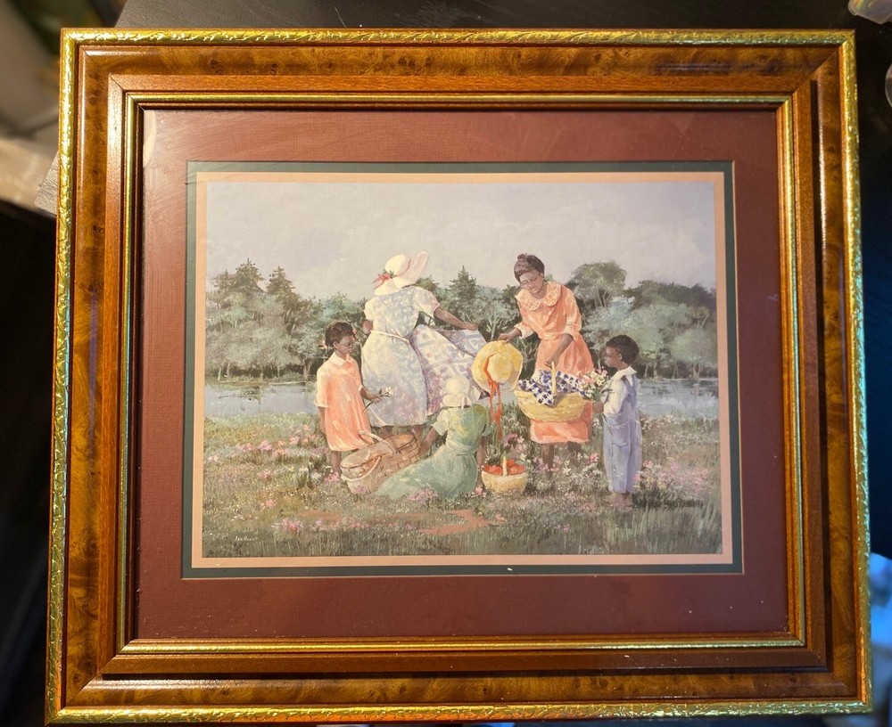 Painting By Ann Mount Picnic African American Family Wooden Frame with Gold Trim