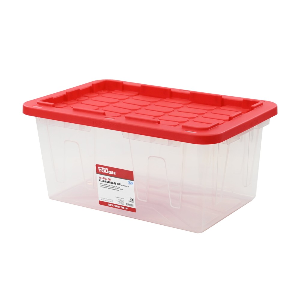 Hyper Tough 15 Gallon Snap Lid Clear Plastic Storage Bin, with Red Lid