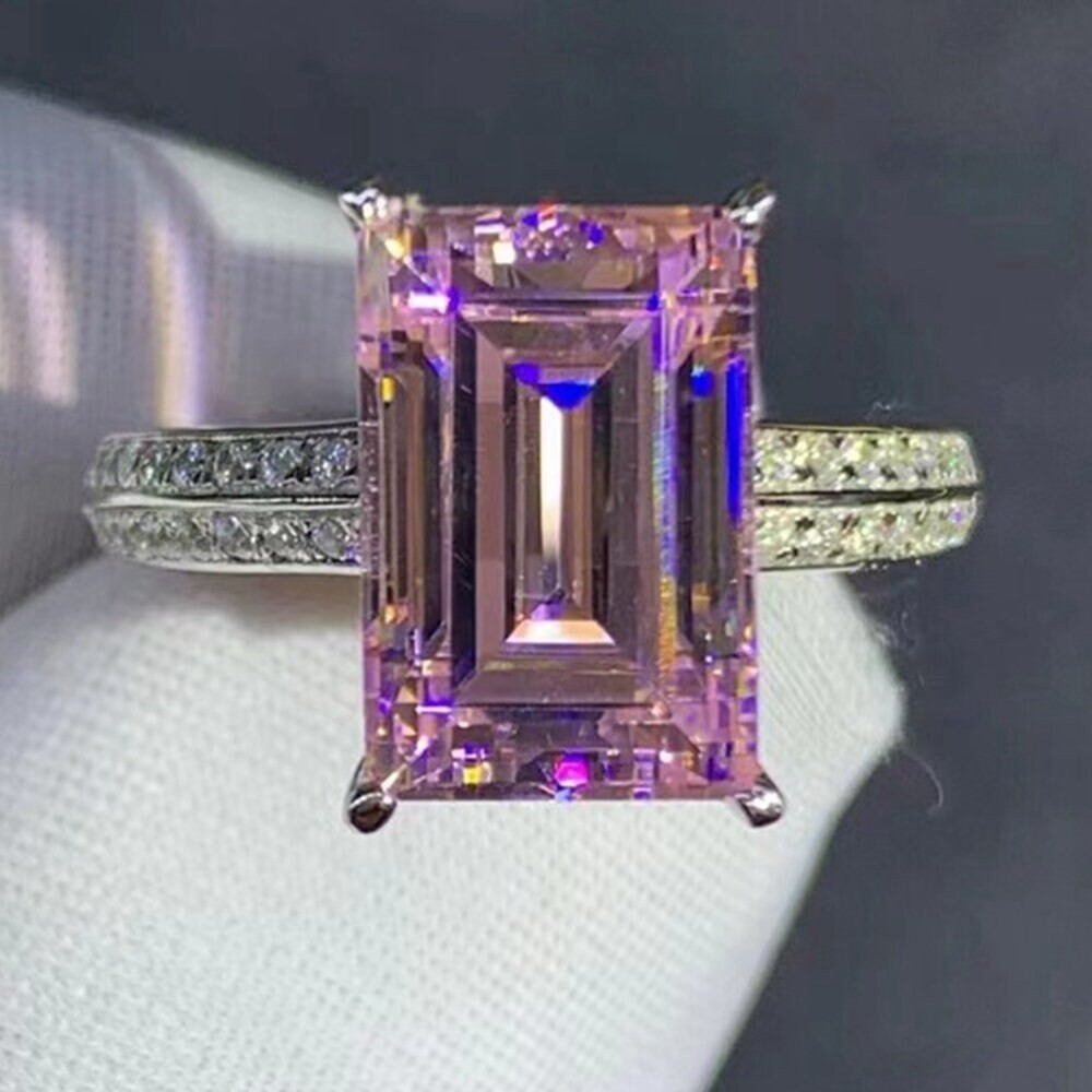 4 Carat Pink Emerald Cut Basket Bead-set Band VVS 14K Rose Gold Moissanite Ring