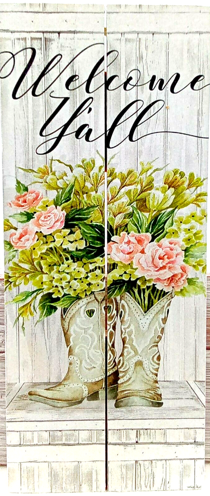 Welcome Yall Cowgirl Boots Wood Pallet Sign Pink Floral Shiplap Hang USA 9.75
