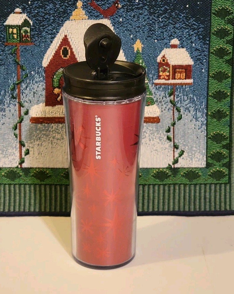 Starbucks 2011 Red Snowflake Star Christmas Tumbler Travel Mug 12 oz