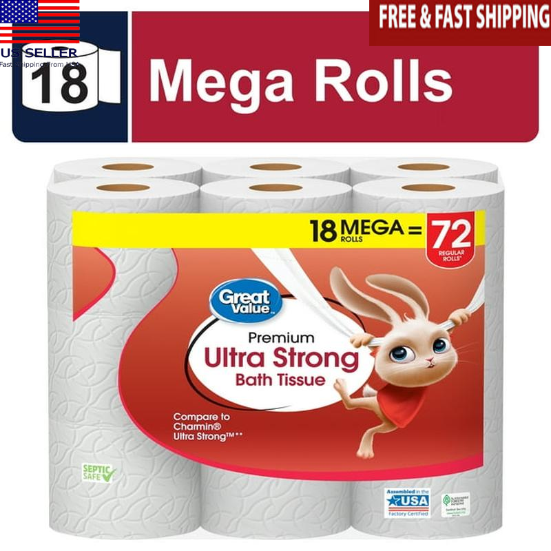 Ultra Strong Toilet Paper 18 Mega Rolls 2-Ply Absorbent Soft Gentle Septic Safe