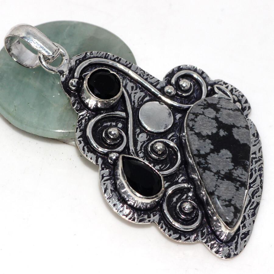 Handmade Snowflake Obsidian and Black Onyx Gemstone Pendant with 2.1 Inch Chain