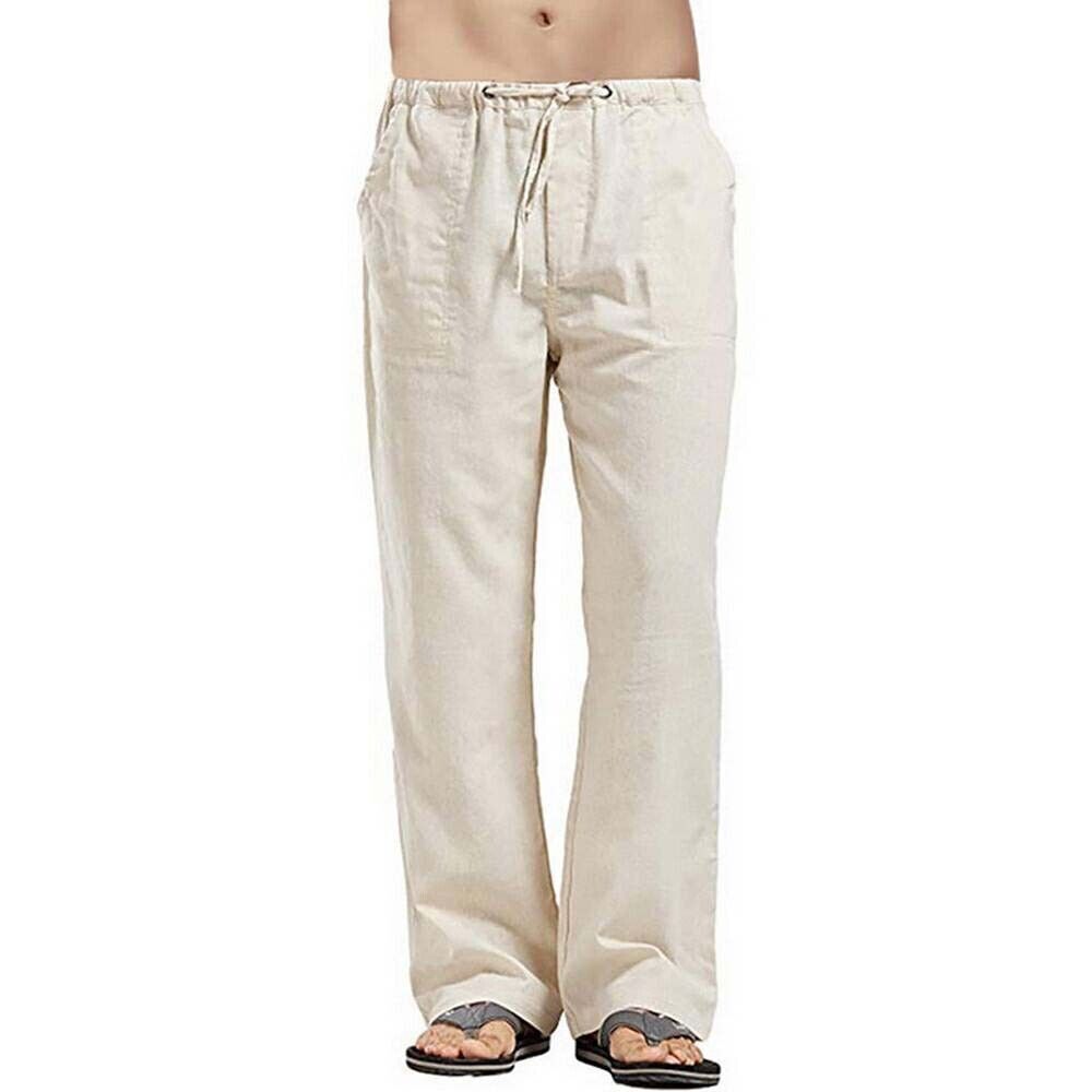 Mens Summer Cotton Linen  Beach Pants Yoga Drawstring Elasticated Loose Trousers