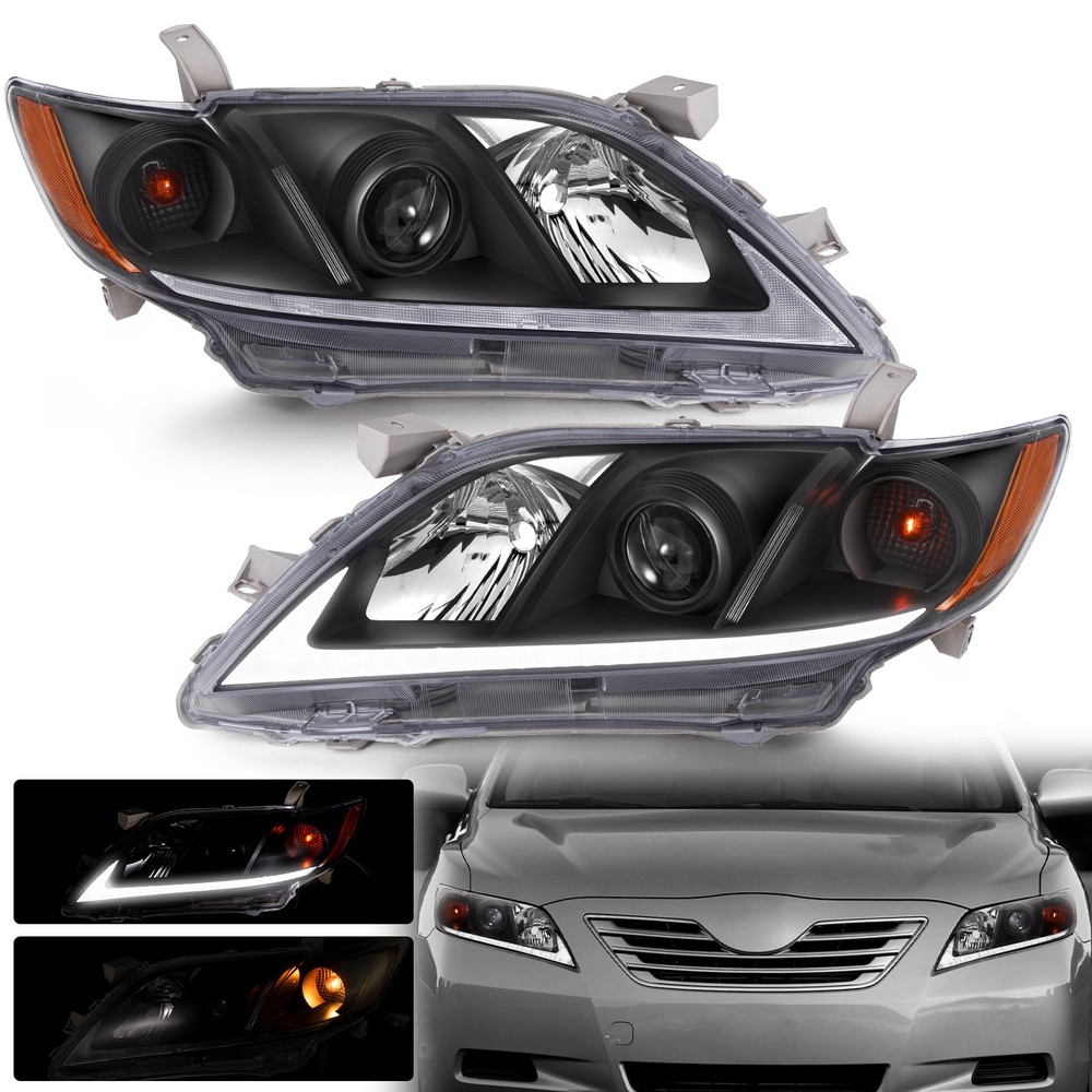 For 2007-2009 Toyota Camry LED Tube Black Headlights Headlamps Left+Right Sides