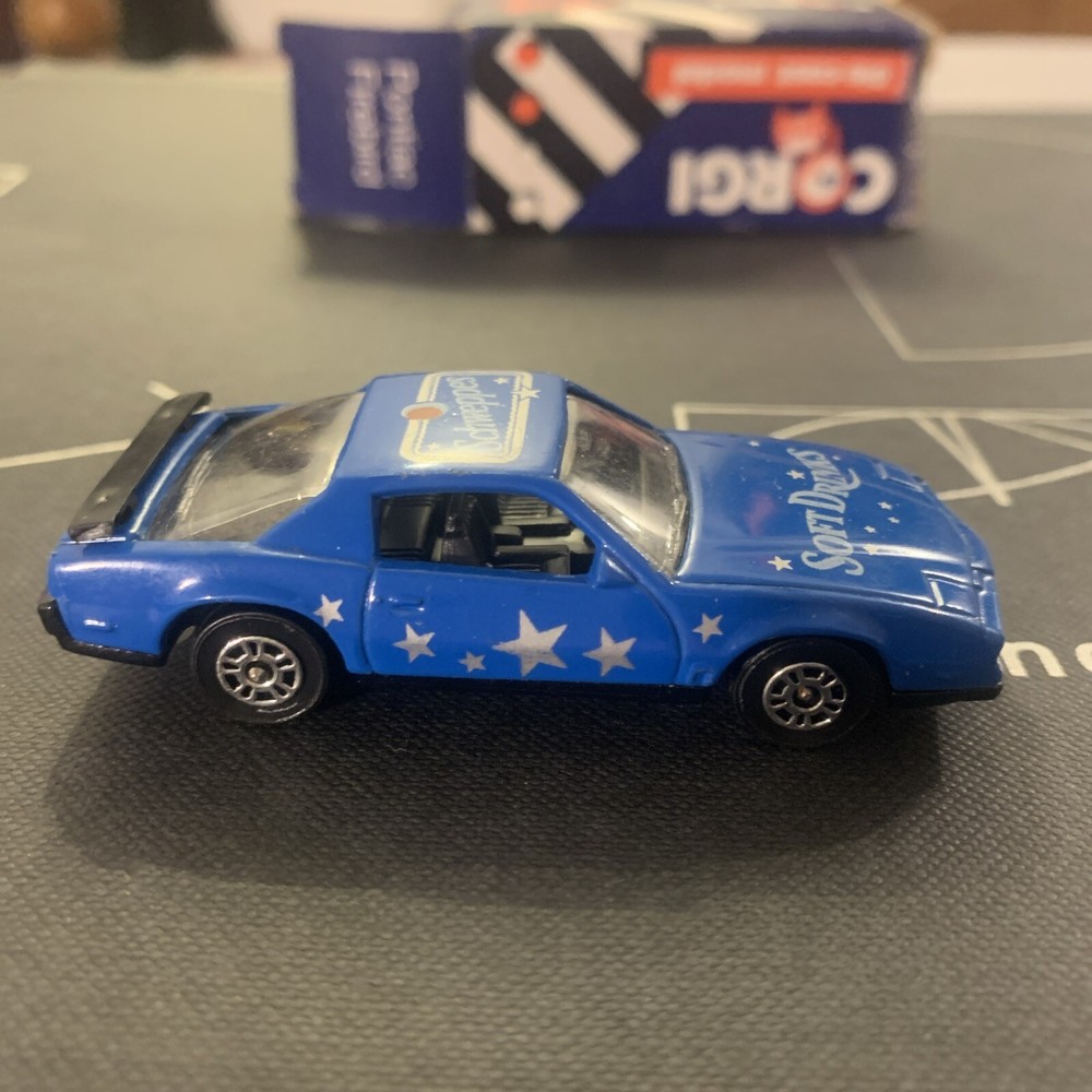 Vintage 1982 Blue Pontiac Firebird S/E Schweppes 1:64 Diecast by Corgi Juniors