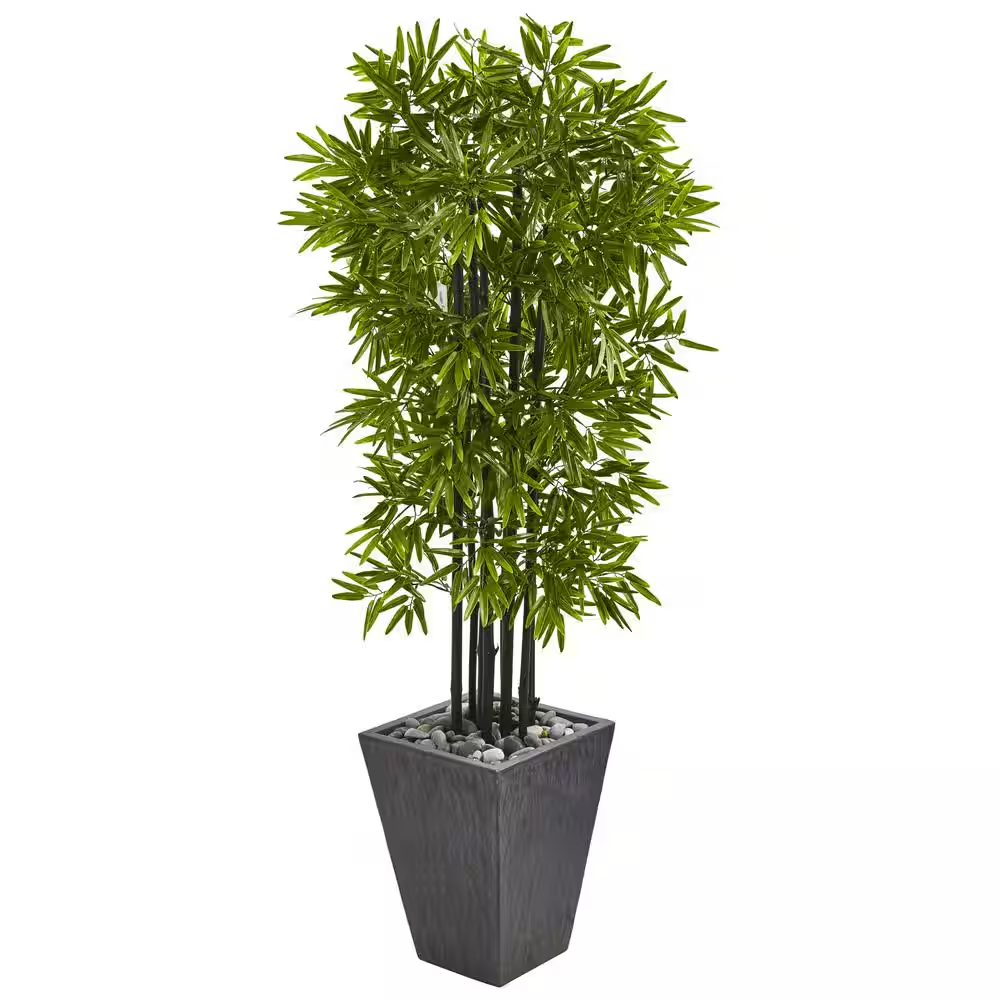 Indoor/Outdoor 61 In. Bamboo Artificial Tree with Black Trunks in Slate Planter