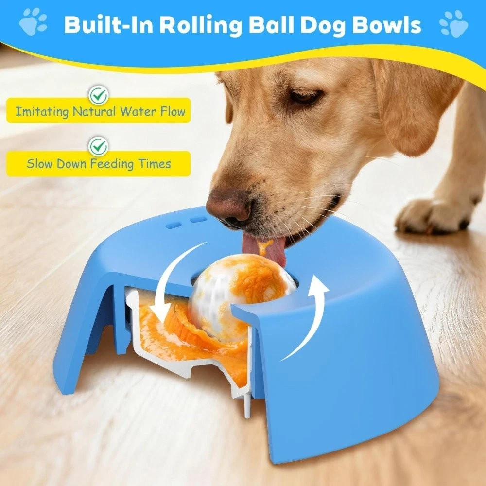 Slow Feeder Dog Bowl with Rolling Ball for Liquids and Treats