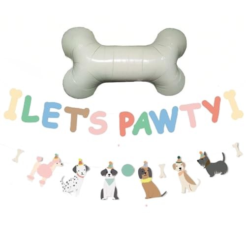 Puppy First Birthday Party Backdrop with Balloons and Paw Print Design