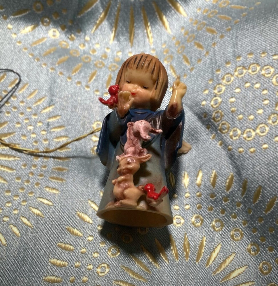 Rare Vintage Christmas Tree Ornament Plastic Angel in Blue Dress Animals EUC