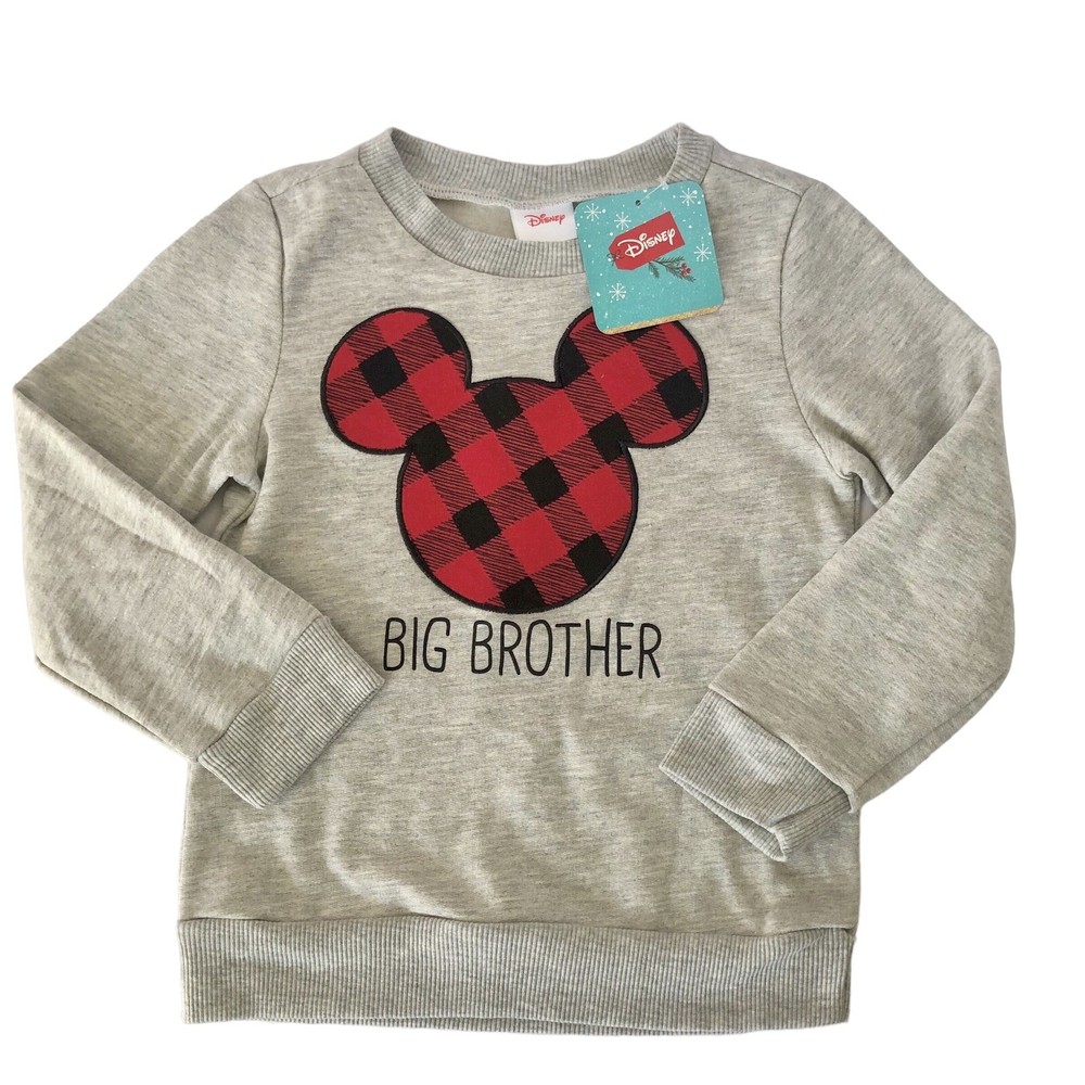 Disney Mickey Mouse BIG BROTHER Sweatshirt Top Boys Size 4 Plaid Gray NWT