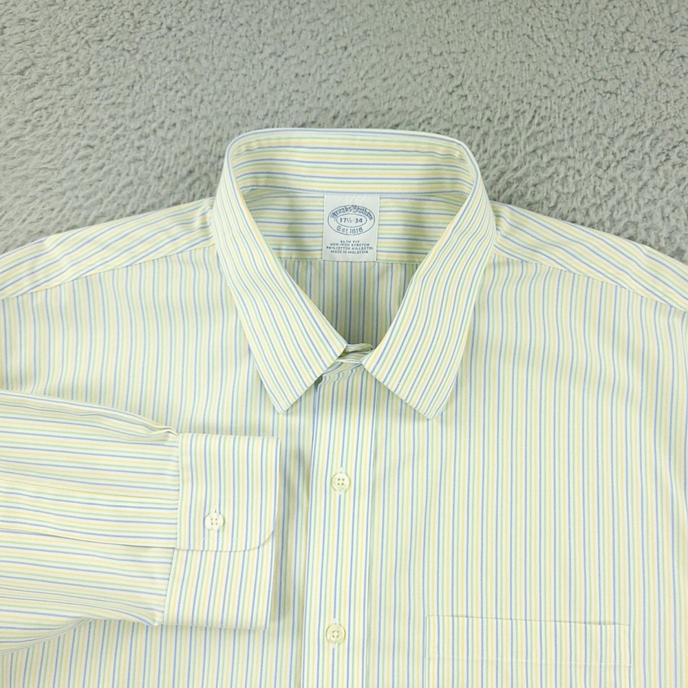 Brooks Brothers Dress Shirt Mens 17.5 Multicolor Stripe Slim Non Iron Stretch