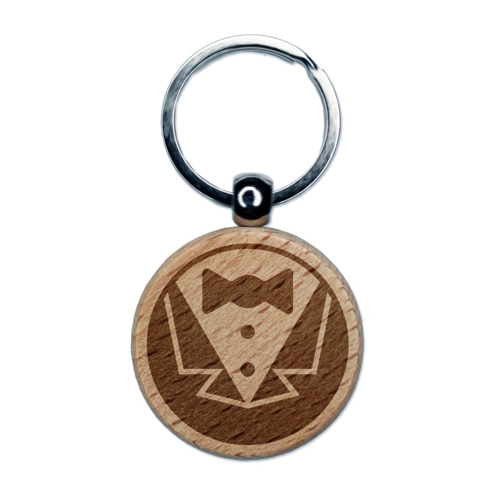 Tuxedo Groom Suit Bowtie Wedding Icon Engraved Wood Round Keychain Tag Charm