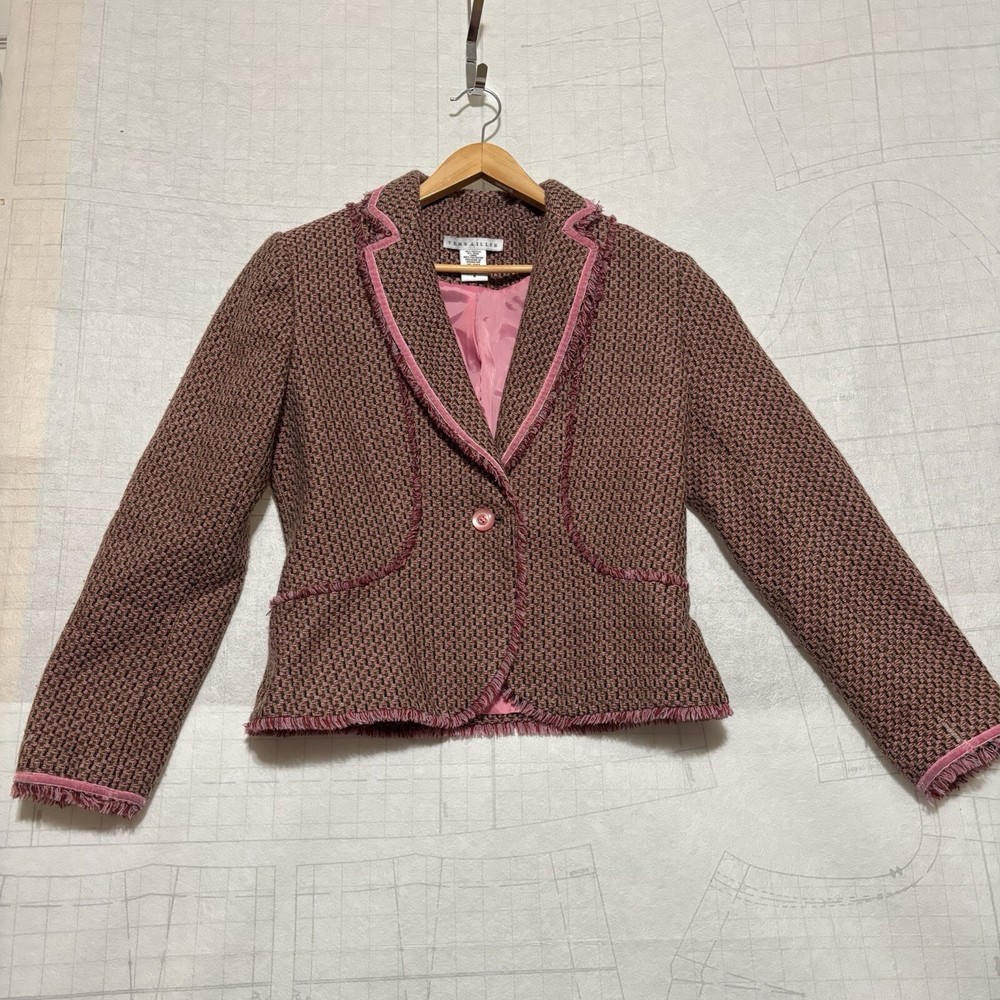 Versailles Women’s SZ 8 Pink Acrylic Wool Blend Tweed Fringed Blazer Padded