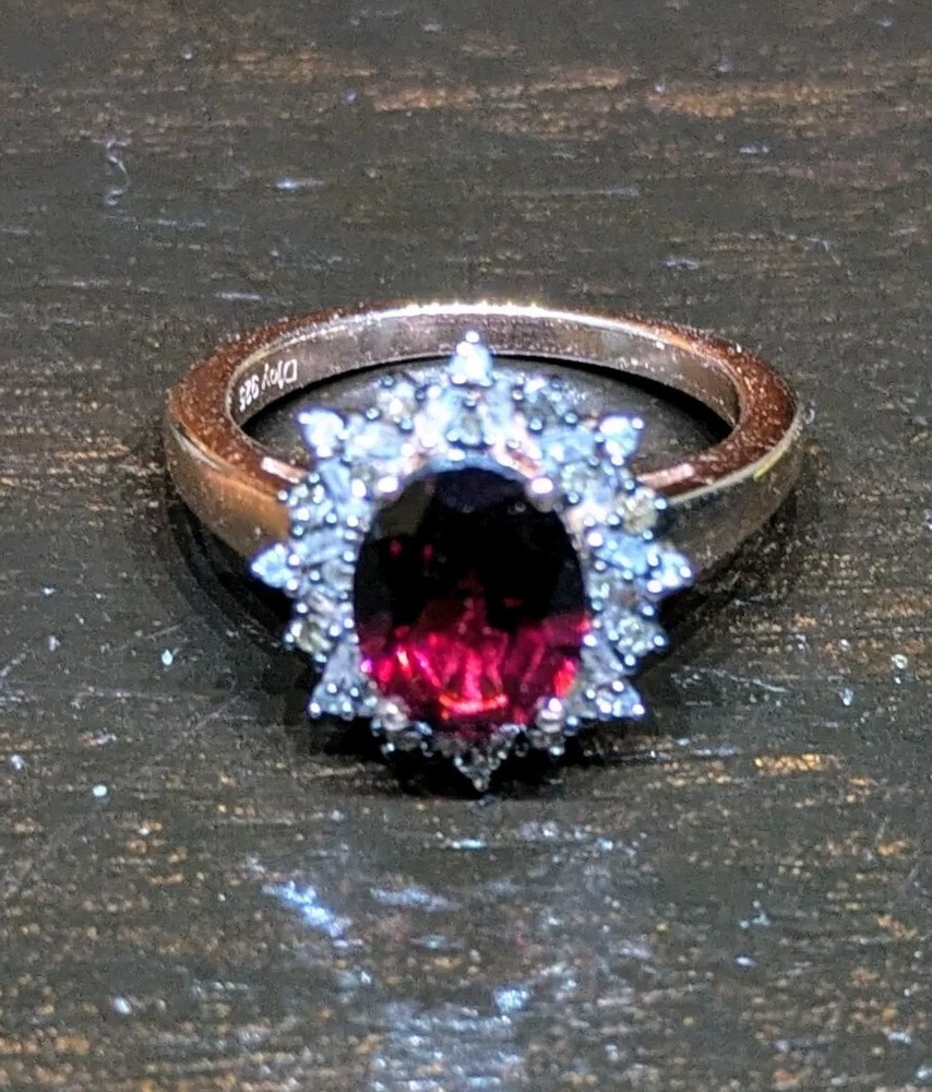 (Size 6) Tanzanian Wine Garnet, Natural Diamond Ring 18k RG over Sterling Silver