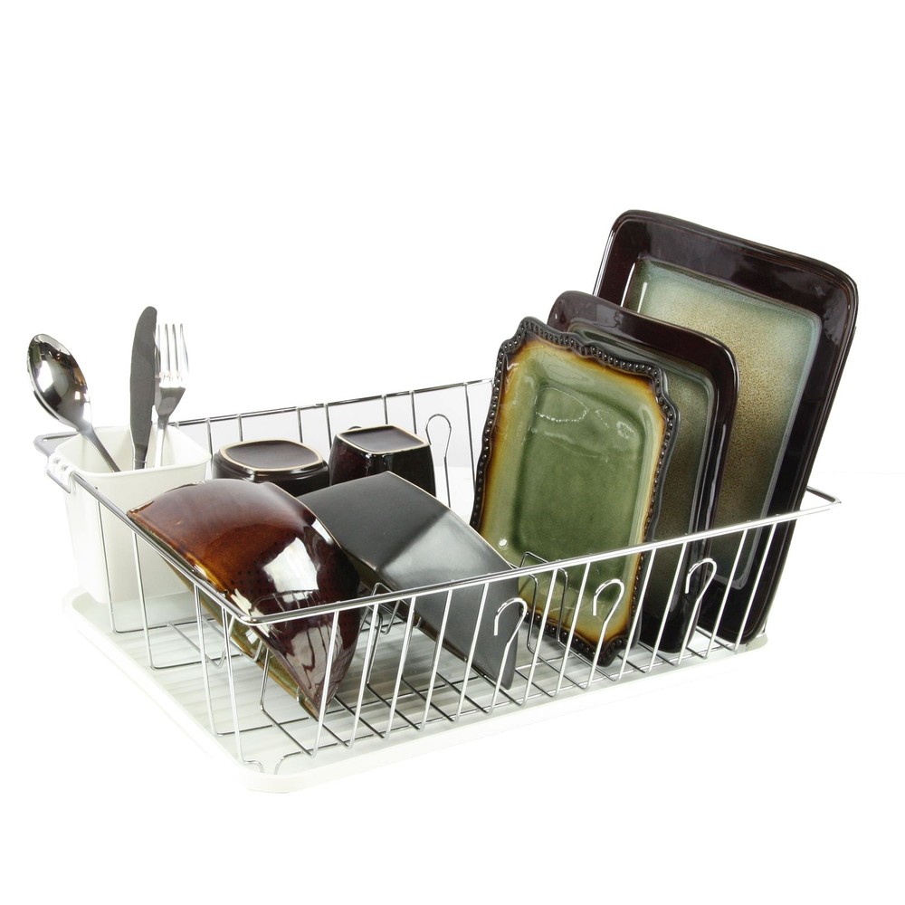 MegaChef 17.5-Inch White Single-Tier Dish Rack with 14 Plate Holders