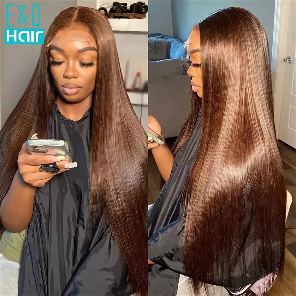 Chocolate Brown Straight Lace Front Wig with Body Wave Human Hair Pre Plucked Remy