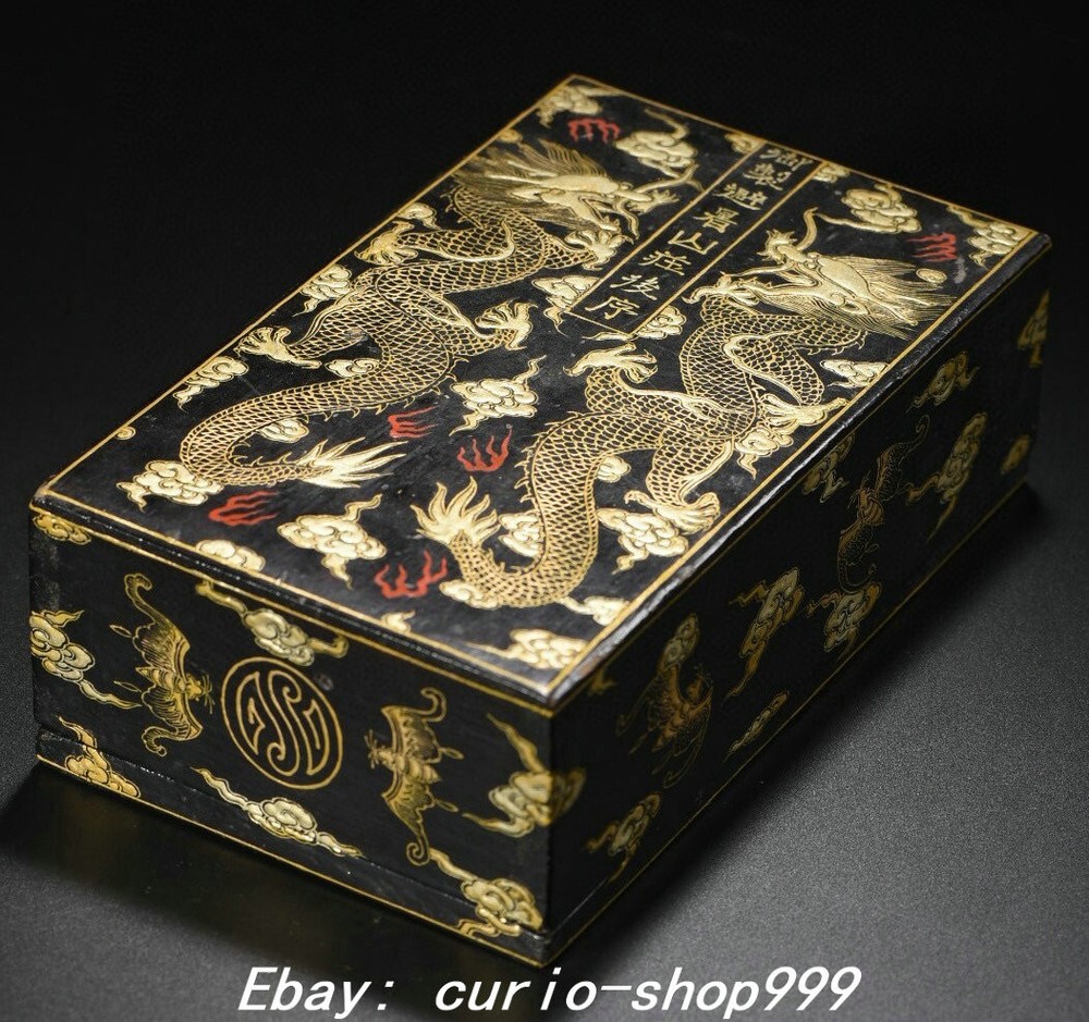 8.6 Inch Qianlong Dynasty Gold Dragon Lacquerware Wenfang Box Case